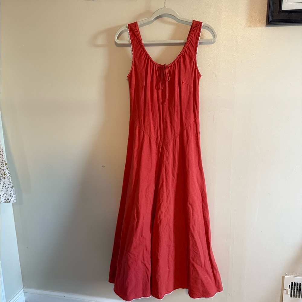 Cami Rusty Red Midi Dress- linen, ballet core, cottage core, nautical, Americana